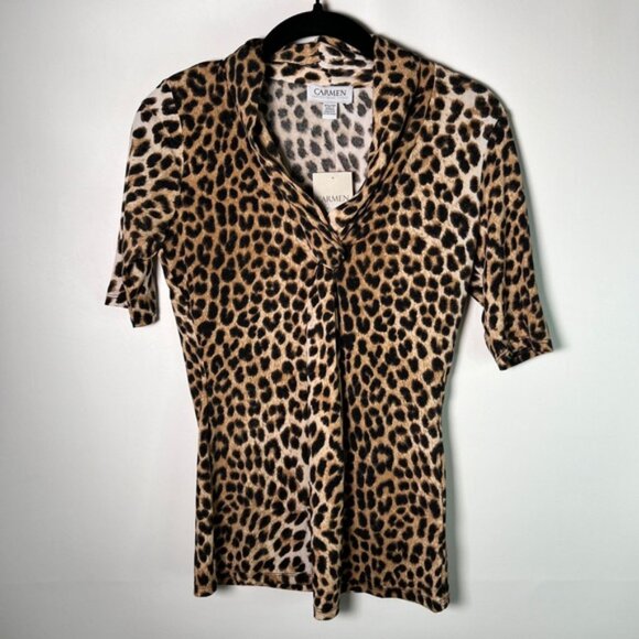NWT CARMEN MARC VALVO Leopard Cheetah Print Tie V-neck Short Sleeve Blouse Sz XS - Picture 4 of 14